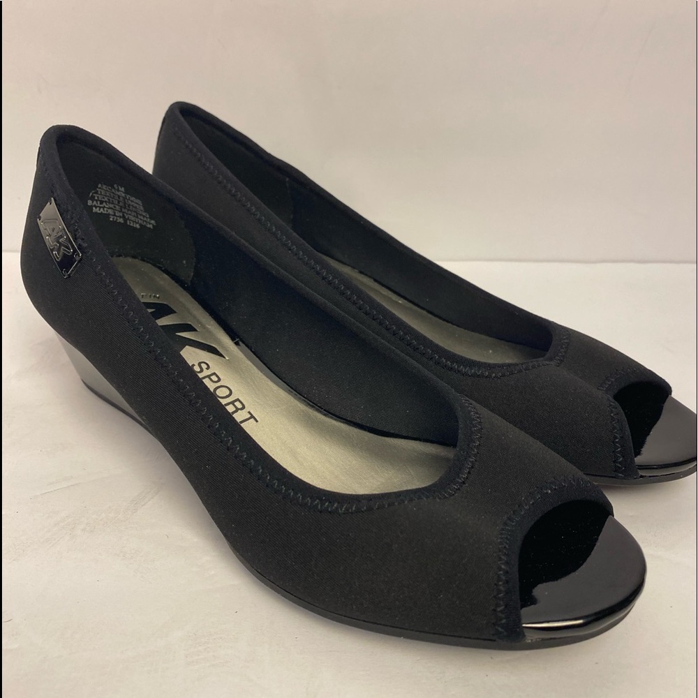 Anne Klein sport black open toe wedge career 6